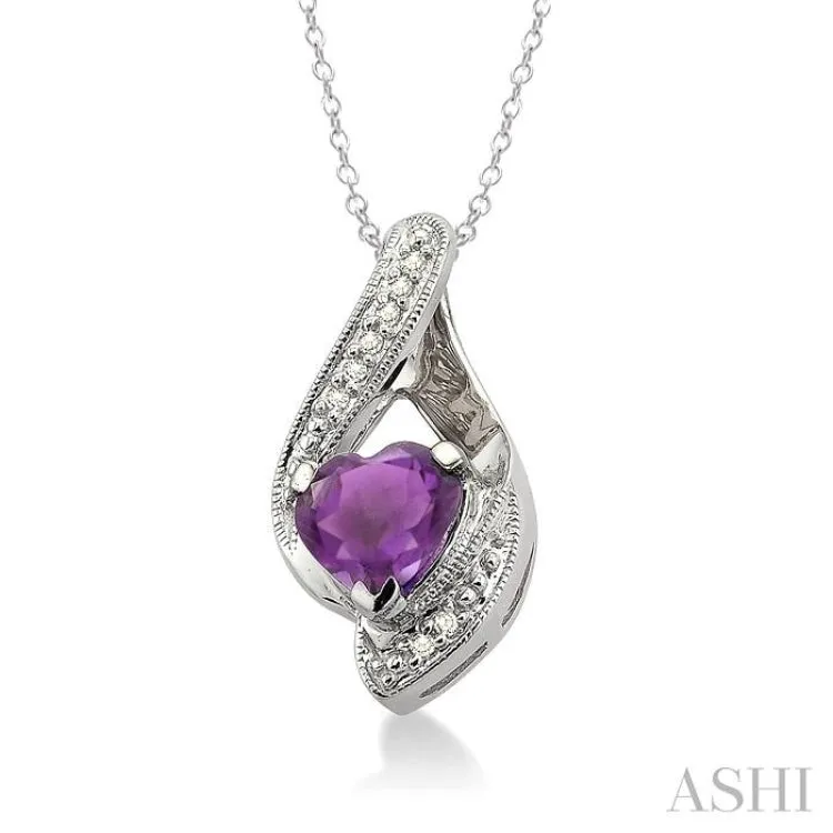 7x7 MM Heart Shape Amethyst and 1/20 Ctw Single Cut Diamond Pendant in Sterling Silver with Chain