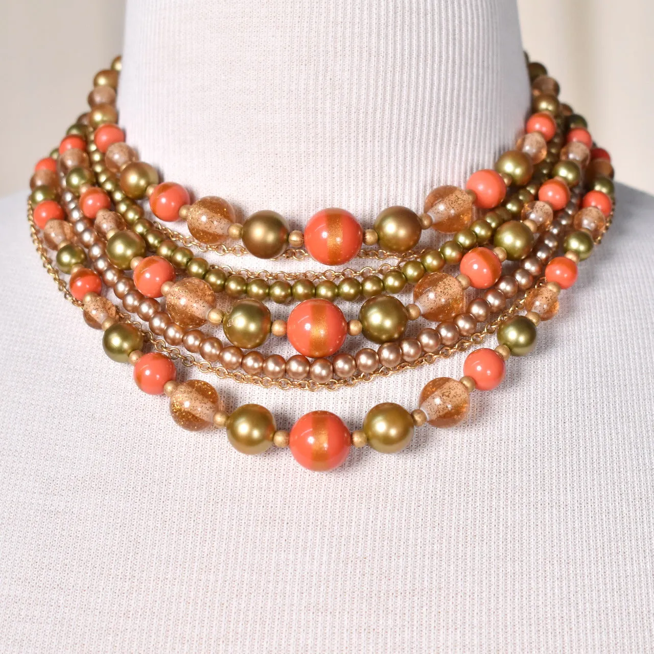 8 Strand Tan & Coral Necklace