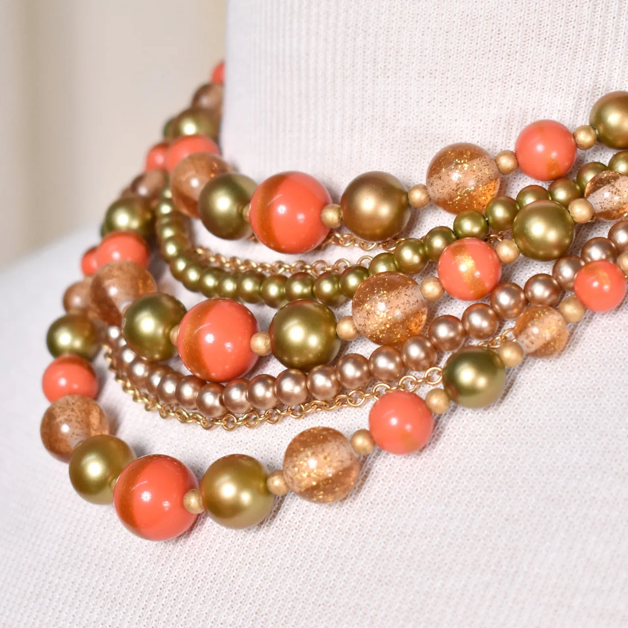 8 Strand Tan & Coral Necklace