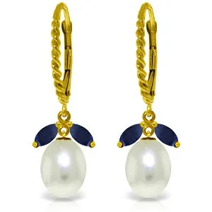 9 Carat 14K Solid Yellow Gold Leverback Earrings Sapphire Pearl