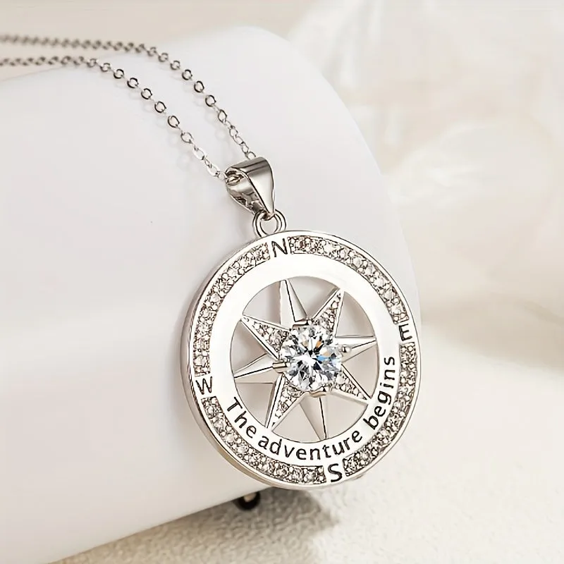 925 Sterling Silver Compass Necklace With Zircon Decor, Luxury Round Charm Jewelry Gifts For Women With Gift Box