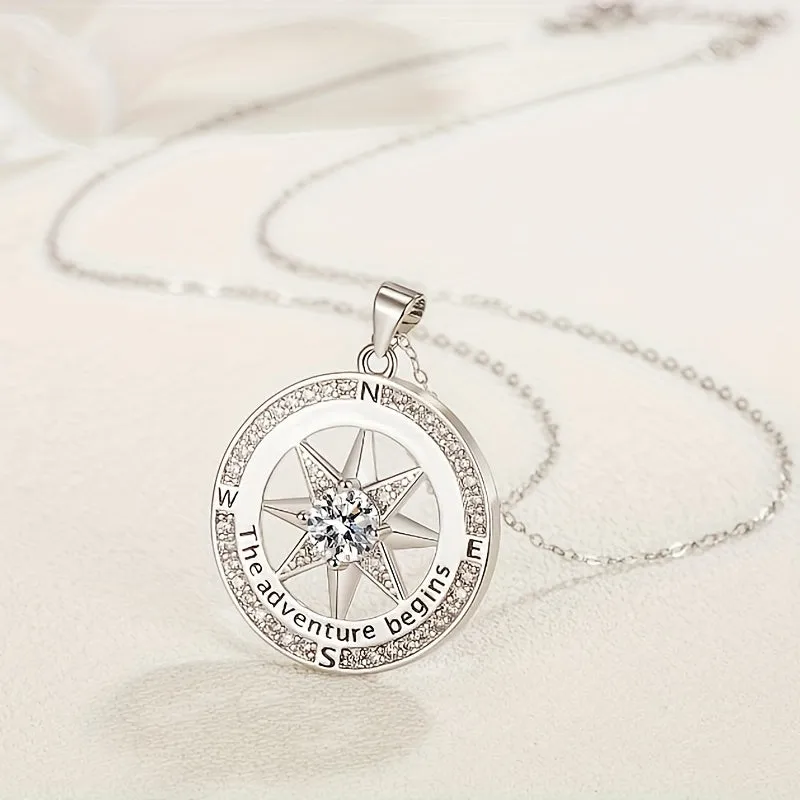 925 Sterling Silver Compass Necklace With Zircon Decor, Luxury Round Charm Jewelry Gifts For Women With Gift Box