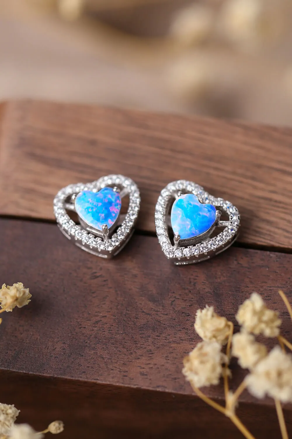 925 Sterling Silver Opal Heart Stud Earrings