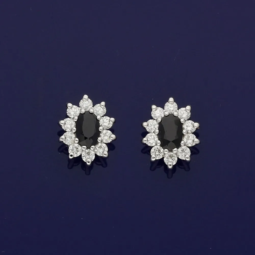 9ct White Gold Sapphire & Diamond Oval Cluster Stud Earrings