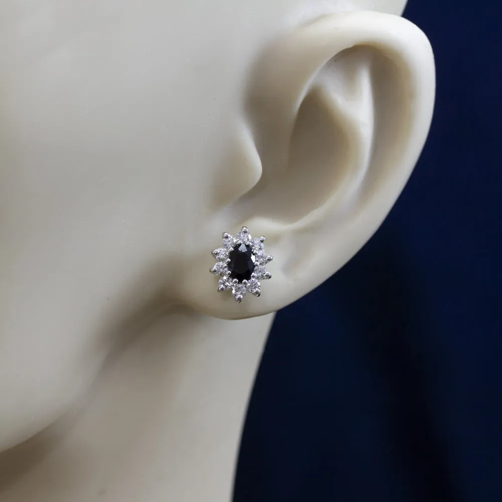 9ct White Gold Sapphire & Diamond Oval Cluster Stud Earrings