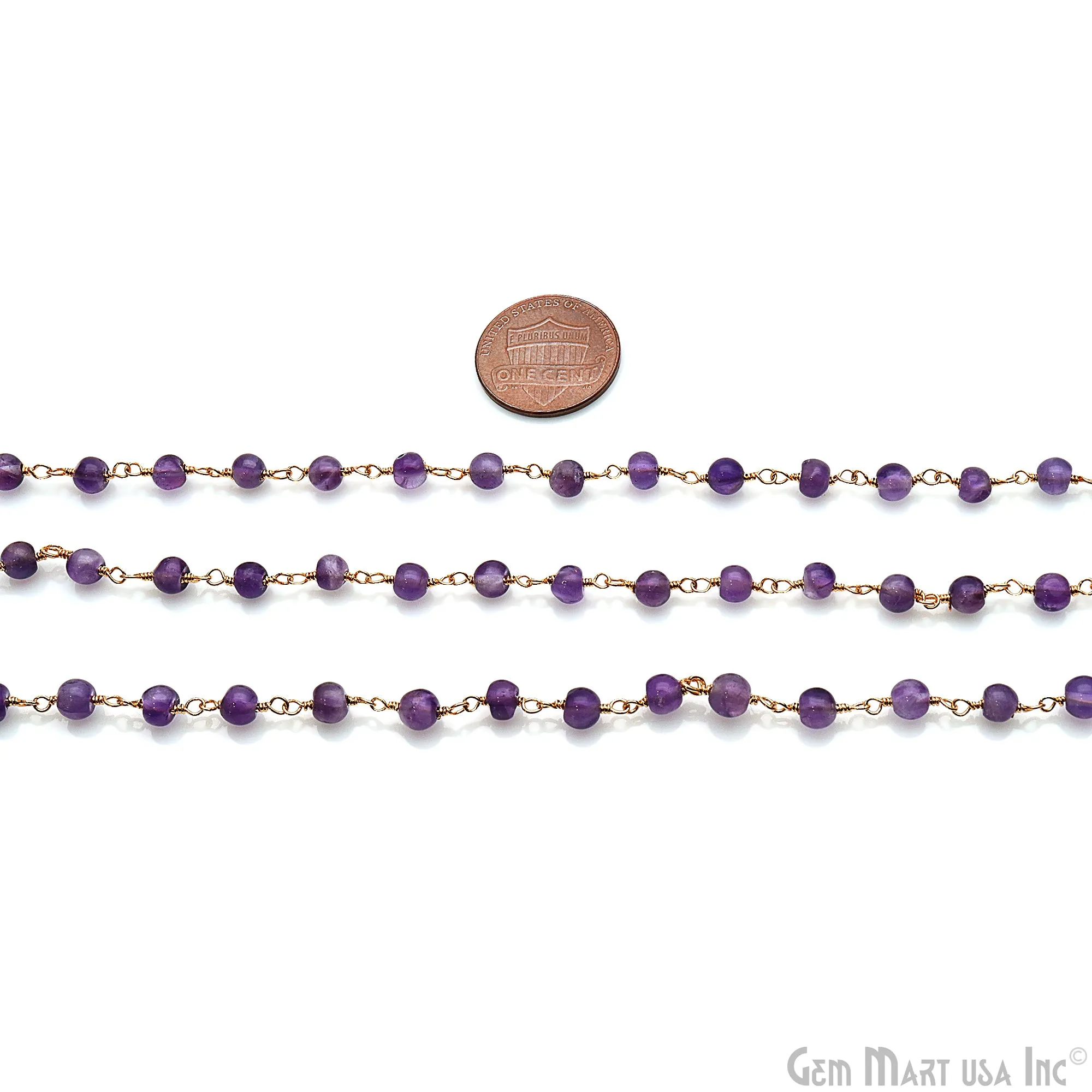 Amethyst Cabochon 4-5mm Gold Wire Wrapped Rosary Chain