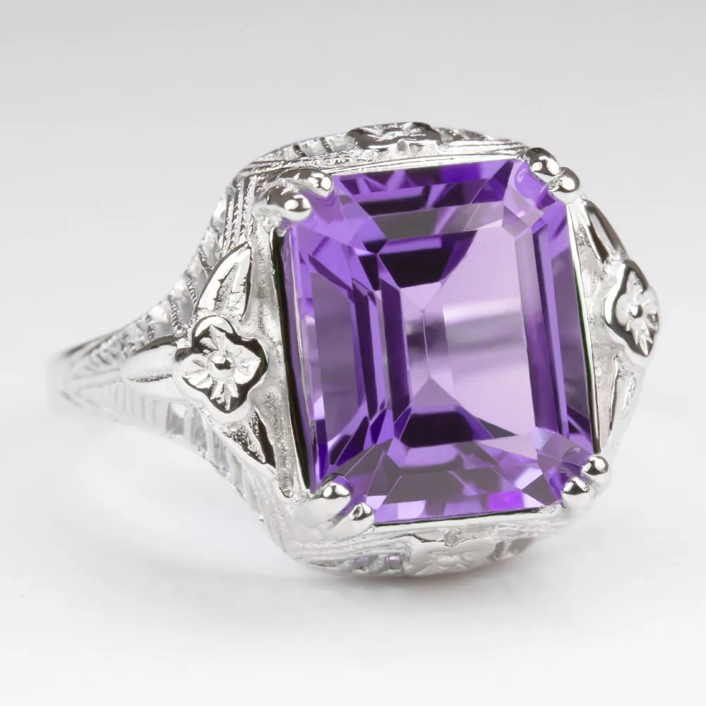 AMETHYST STERLING SILVER VINTAGE STYLE RING ART DECO EMERALD CUT FILIGREE PURPLE