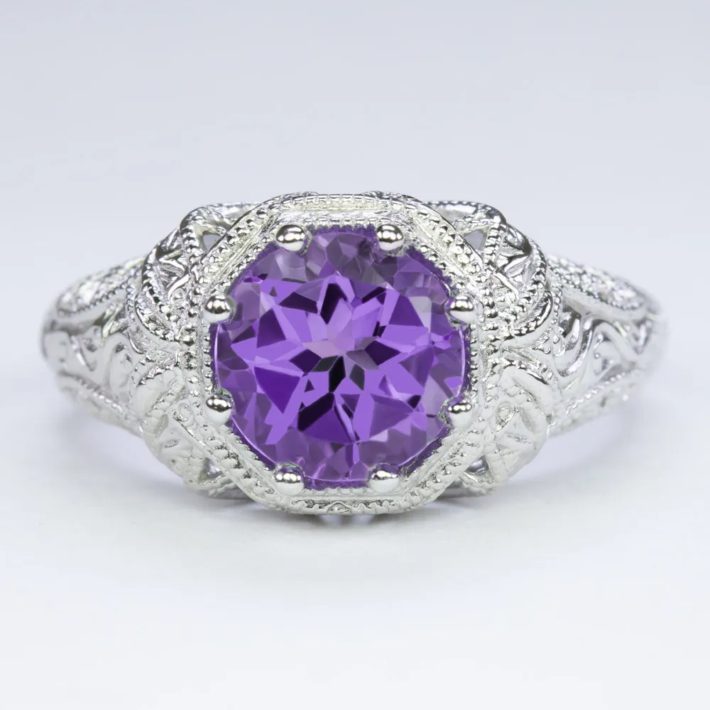 AMETHYST VINTAGE STYLE COCKTAIL RING STERLING SILVER FILIGREE ART DECO PURPLE