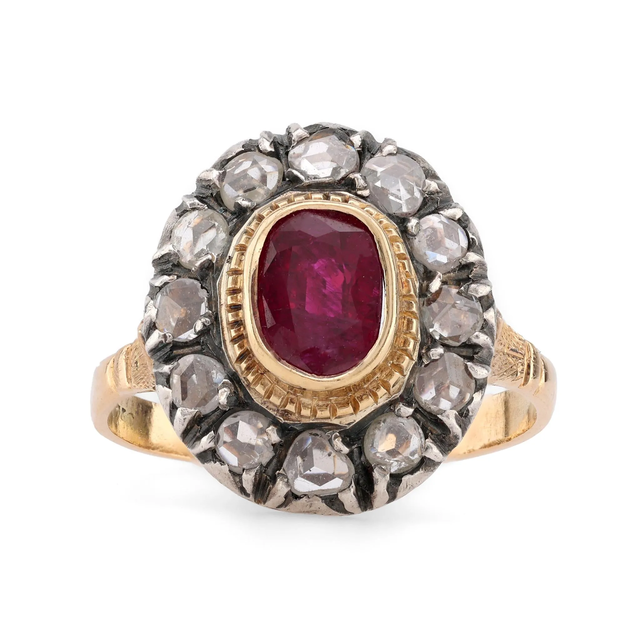 Antique 1.3 Carat No Heat Ruby Diamond 18K Yellow Gold Silver Cluster Ring