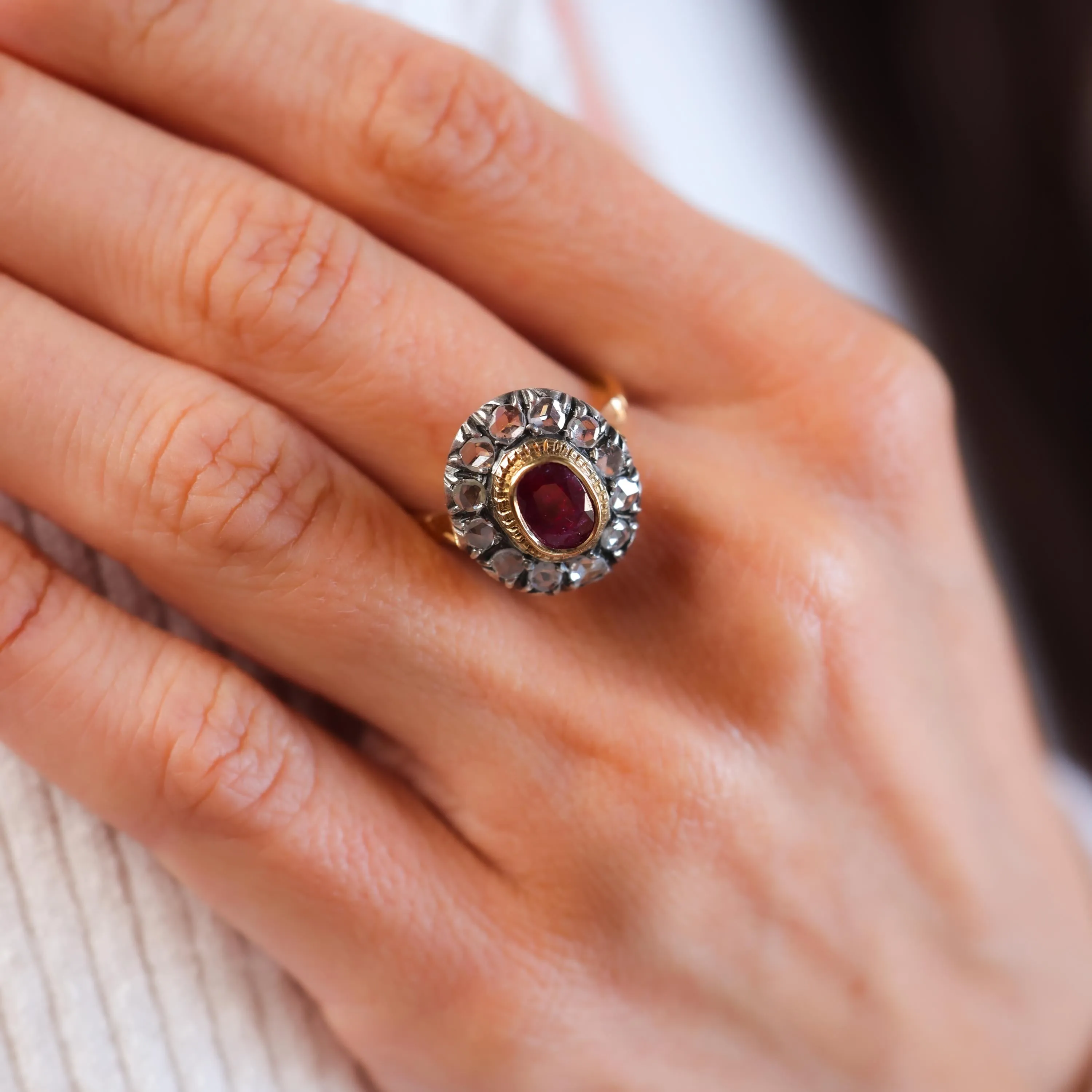 Antique 1.3 Carat No Heat Ruby Diamond 18K Yellow Gold Silver Cluster Ring