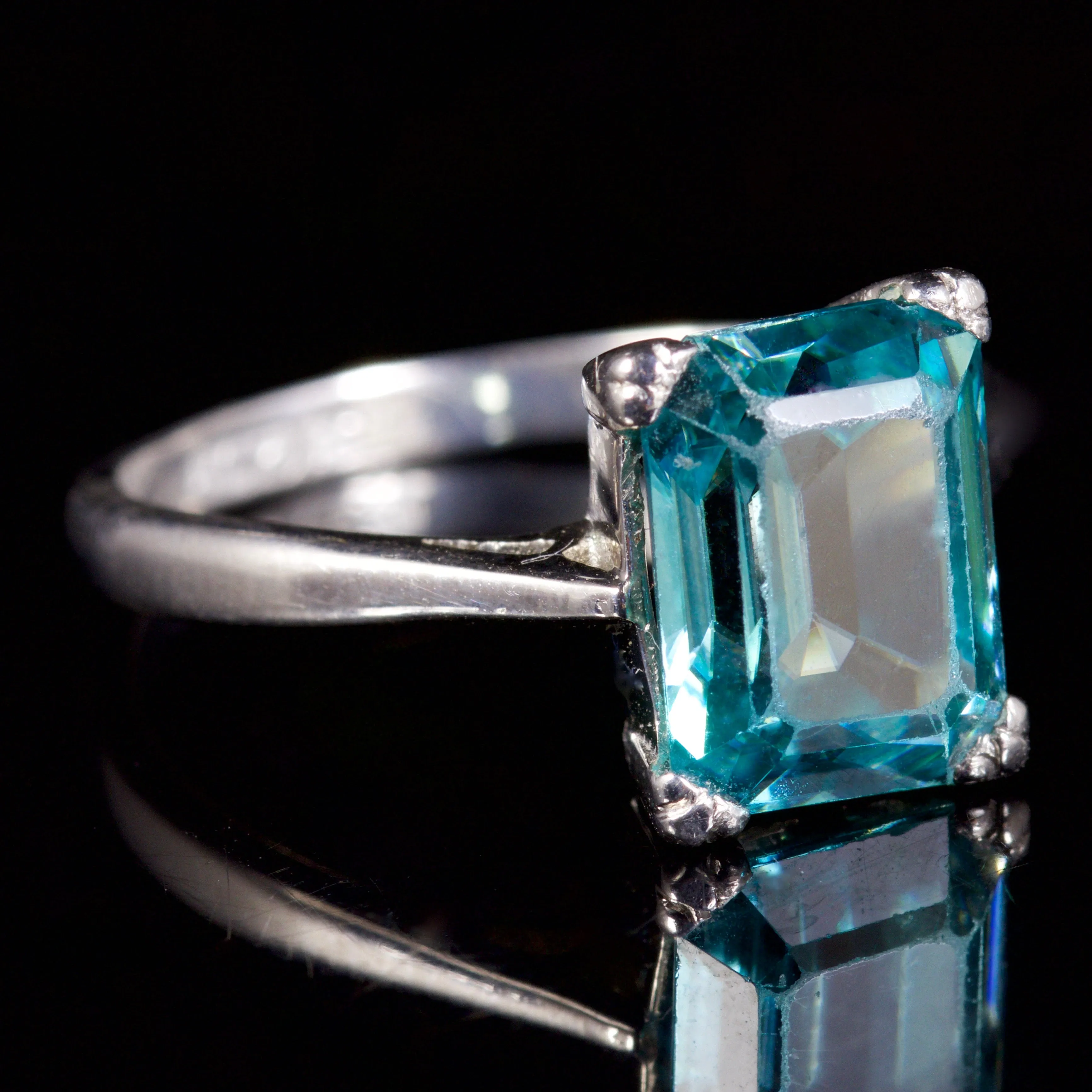 Antique Art Deco Blue Zircon Ring Emerald Cut Plat 18Ct Circa 1920