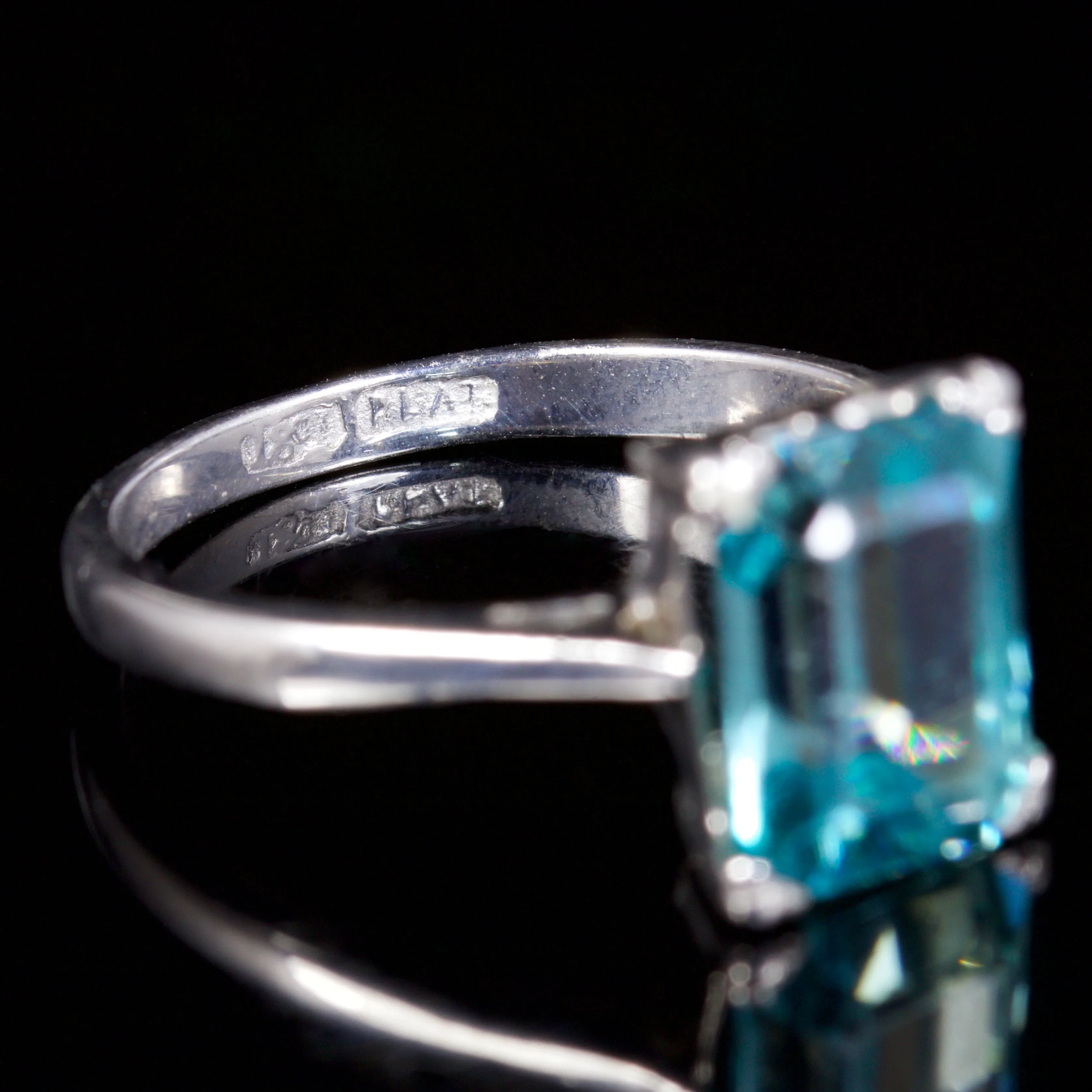 Antique Art Deco Blue Zircon Ring Emerald Cut Plat 18Ct Circa 1920