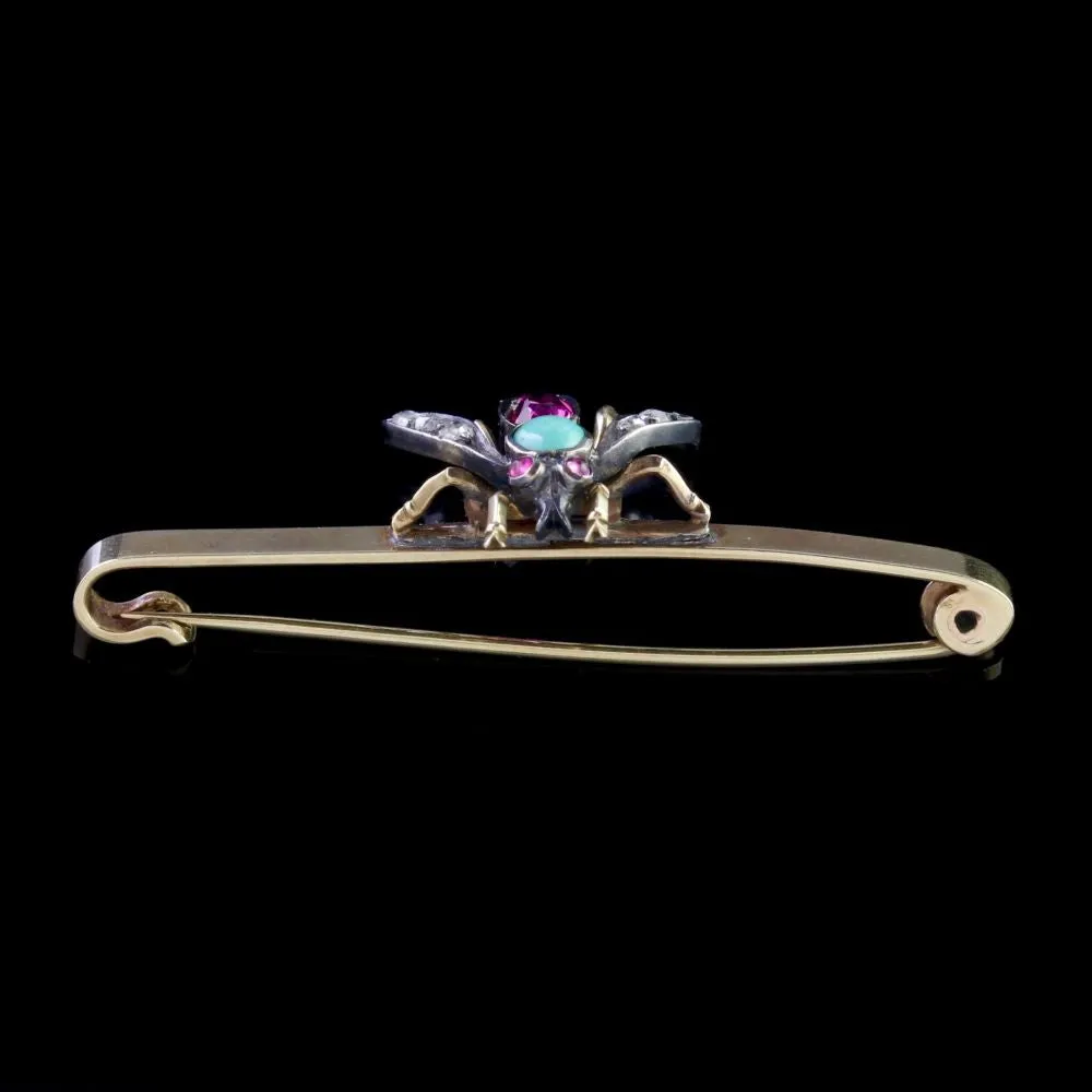 Antique Victorian Insect Brooch Diamond Ruby Turquoise Circa 1900