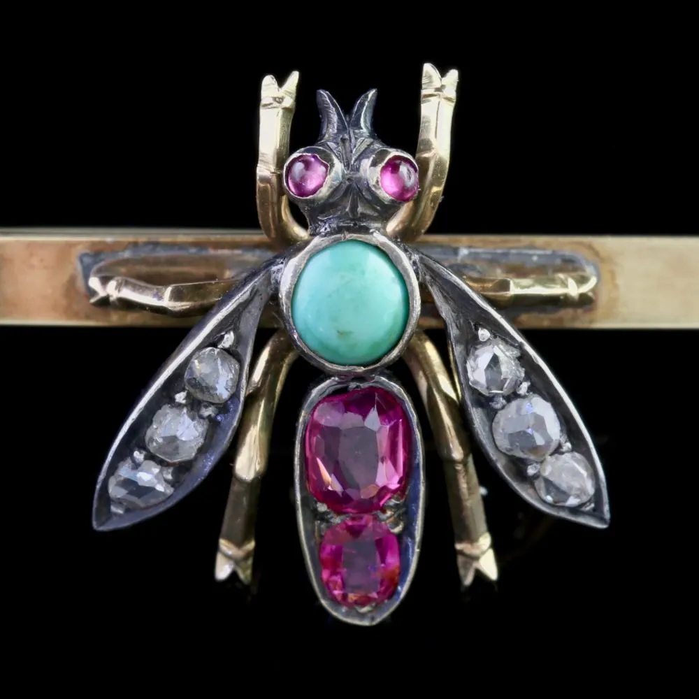 Antique Victorian Insect Brooch Diamond Ruby Turquoise Circa 1900