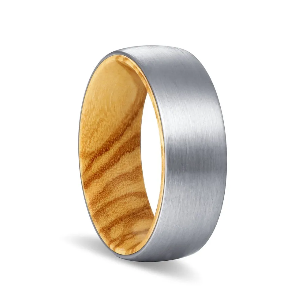 ARBOR | Olive Wood, Silver Tungsten Ring, Brushed, Domed