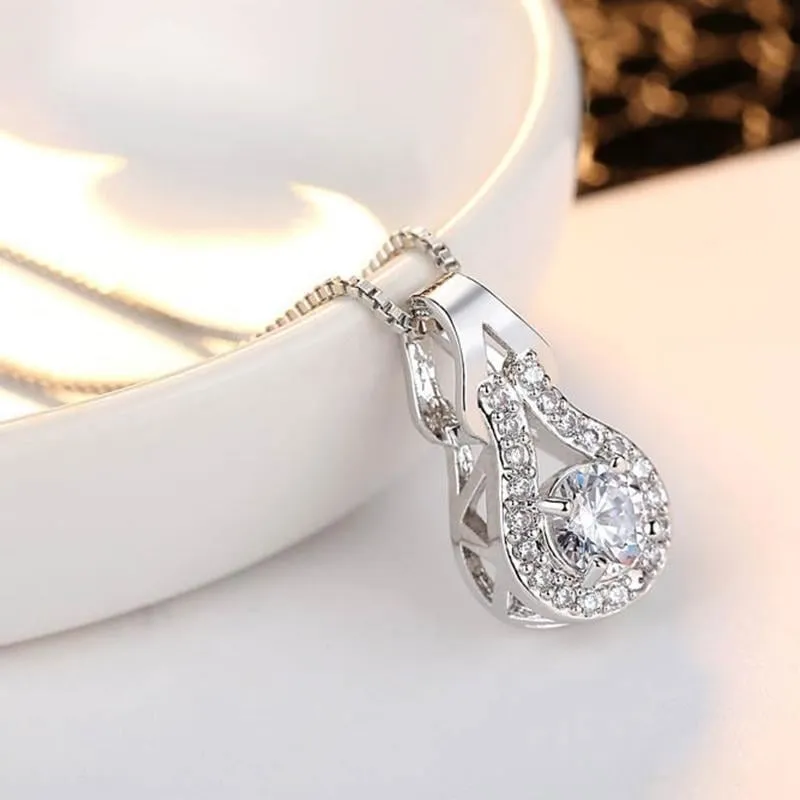 Arrivals White Gold Color Teardrop Cut Four Claws Zircon CZ Full Paved Clear Crystal Box Chain Pendant Necklace