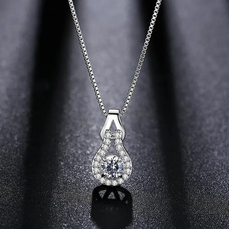 Arrivals White Gold Color Teardrop Cut Four Claws Zircon CZ Full Paved Clear Crystal Box Chain Pendant Necklace