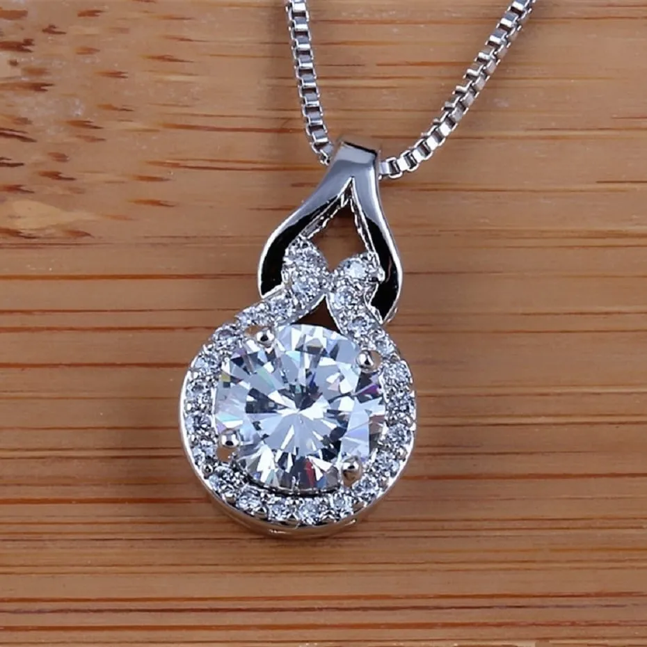 Arrivals White Gold Color Teardrop Cut Four Claws Zircon CZ Full Paved Clear Crystal Box Chain Pendant Necklace