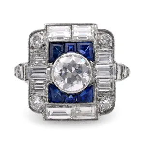 Art Deco Inspired .89 Carat Diamond Sapphire Platinum Cocktail Ring