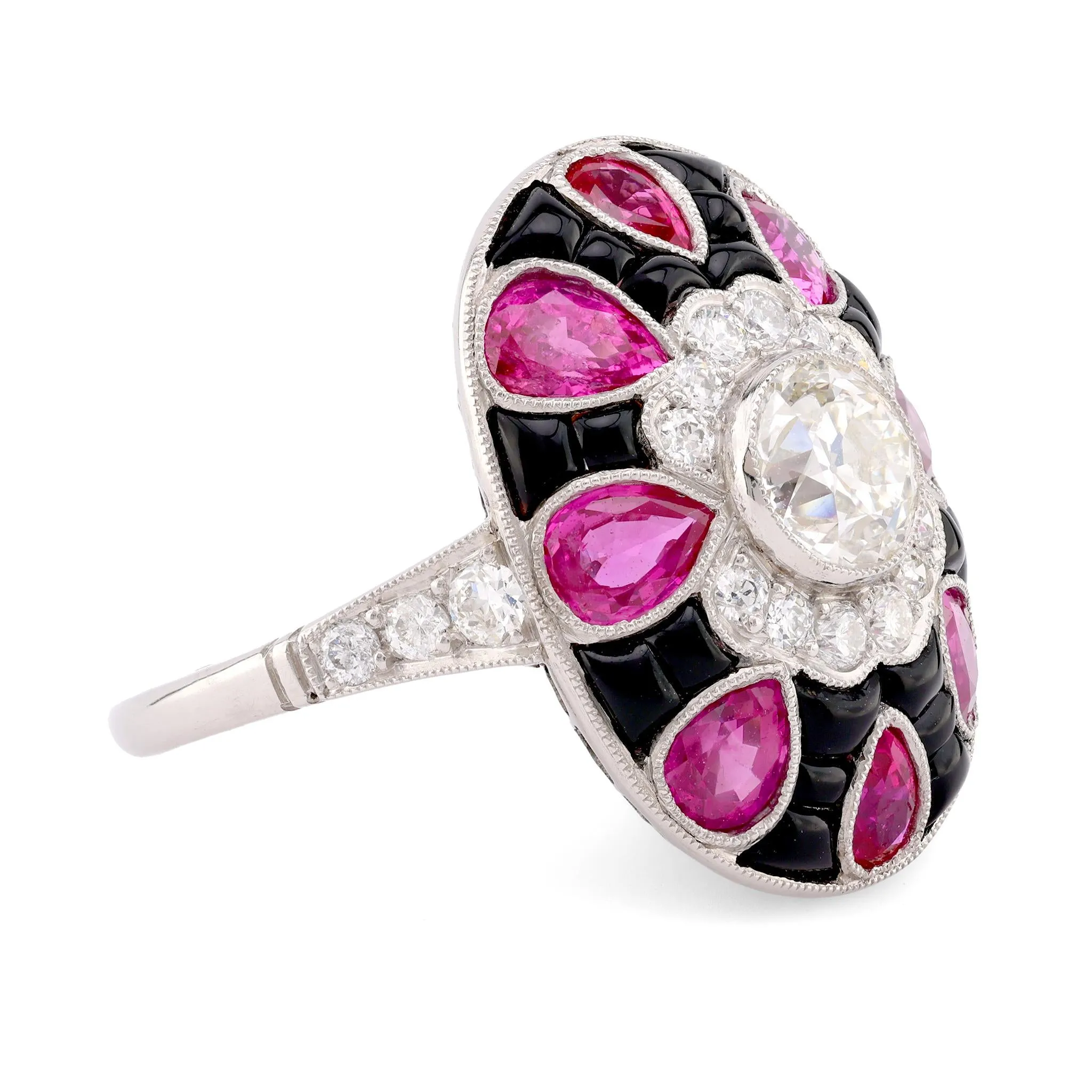 Art Deco Style Diamond Ruby Onyx Platinum Ring