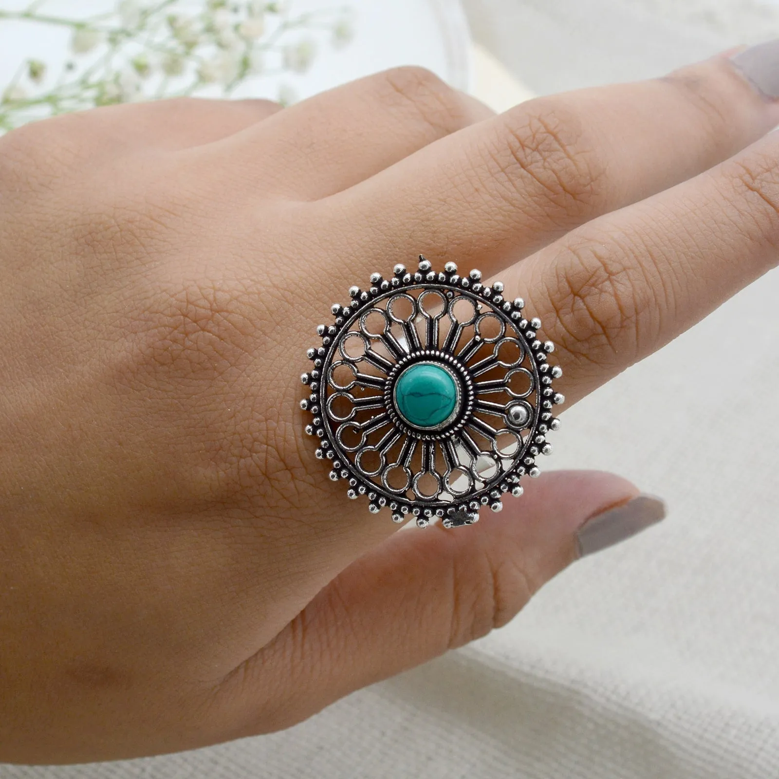 Aruna Turquoise Silver Oxidized Filigree Ring