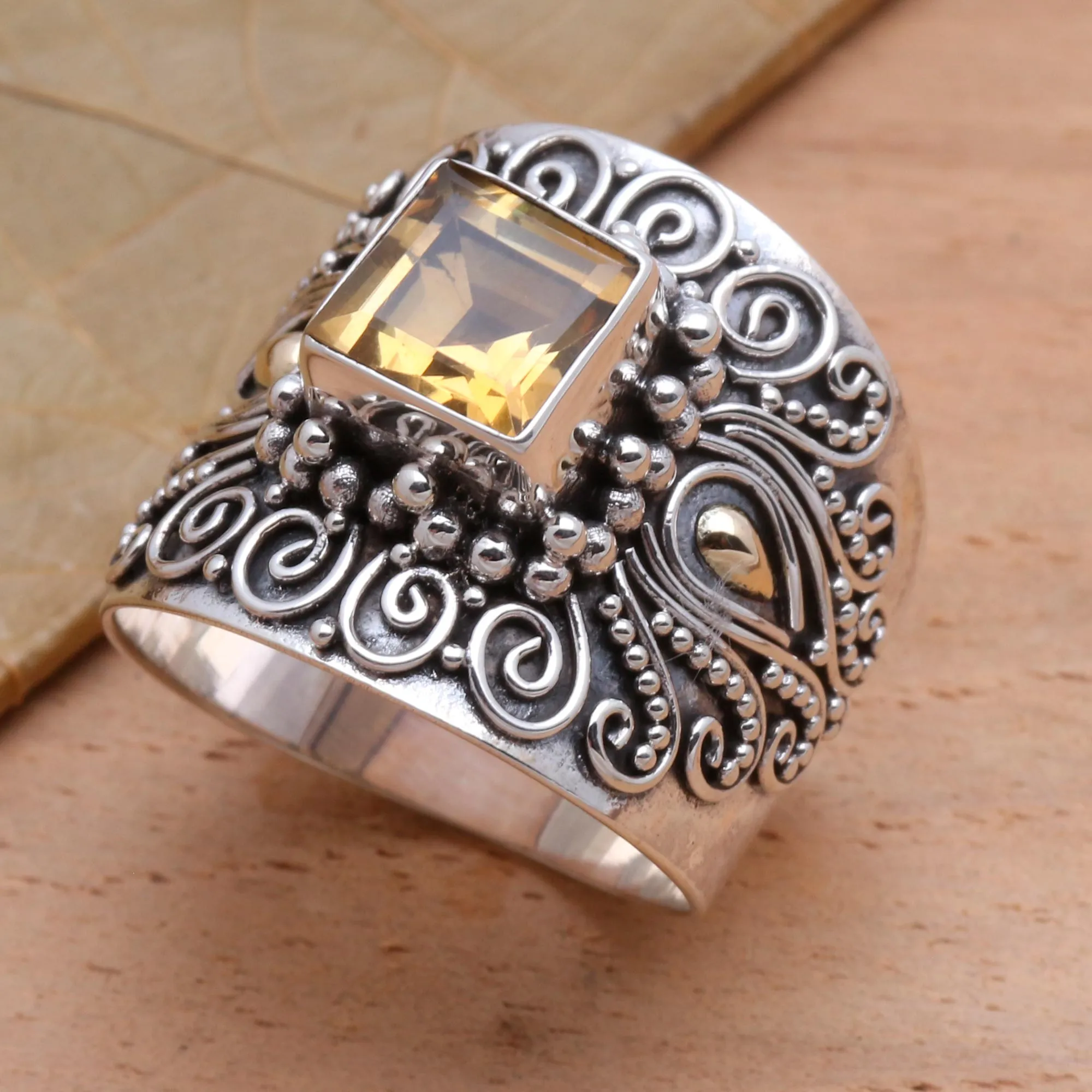 Bali Gold Accent Sterling Silver and Citrine Cocktail Ring - Sunny Window | NOVICA