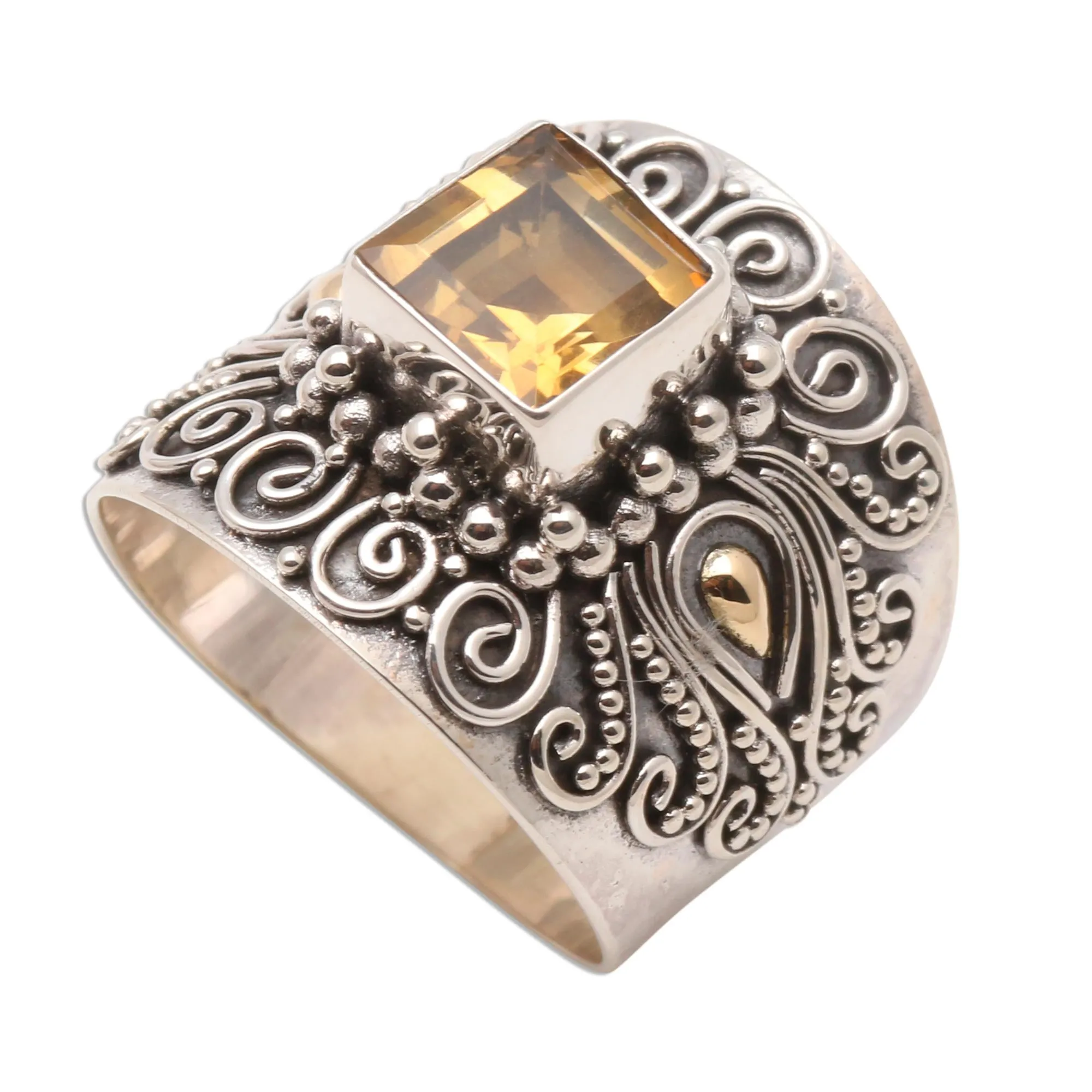 Bali Gold Accent Sterling Silver and Citrine Cocktail Ring - Sunny Window | NOVICA