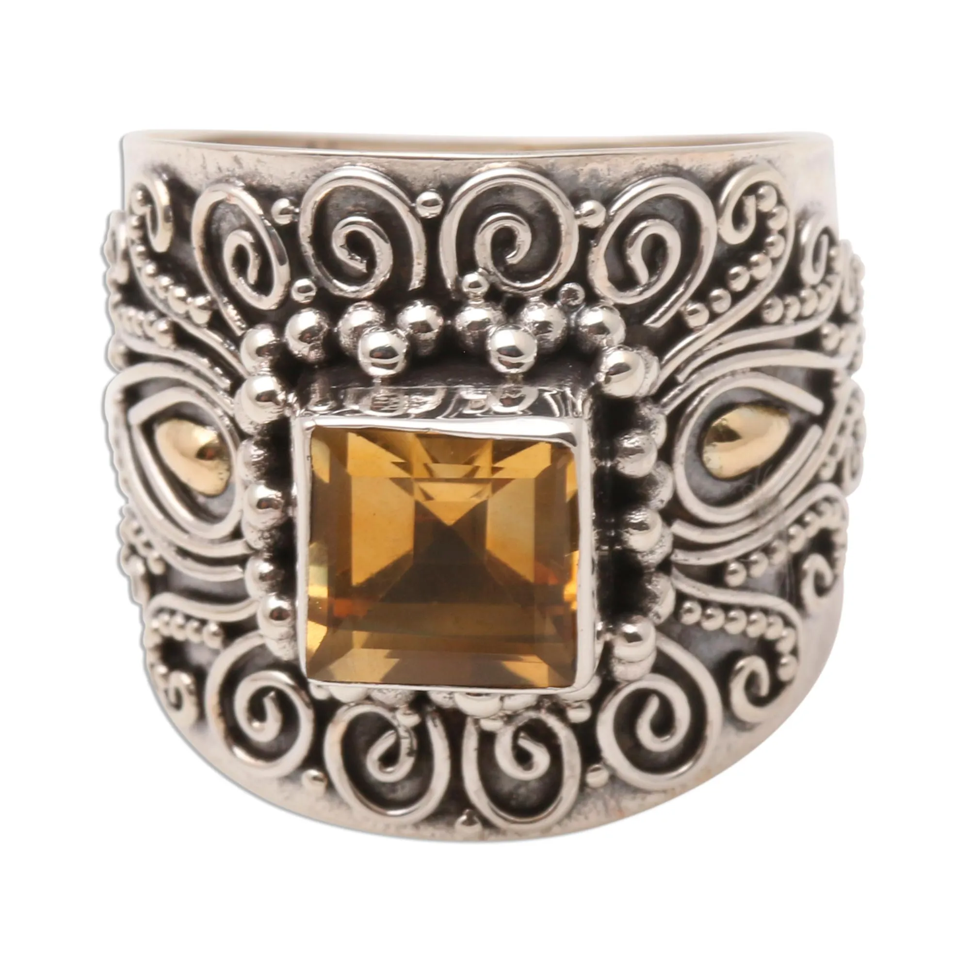 Bali Gold Accent Sterling Silver and Citrine Cocktail Ring - Sunny Window | NOVICA