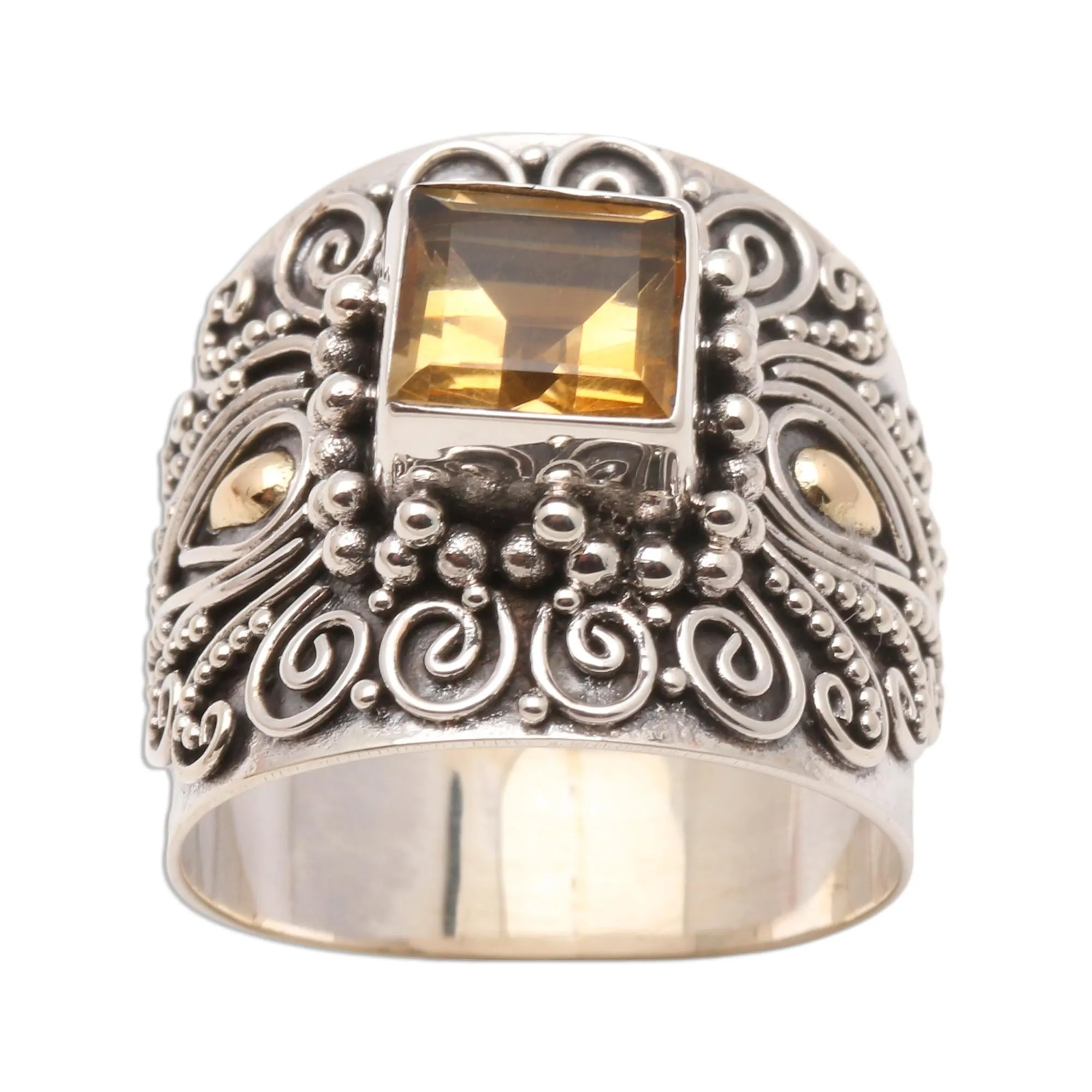 Bali Gold Accent Sterling Silver and Citrine Cocktail Ring - Sunny Window | NOVICA