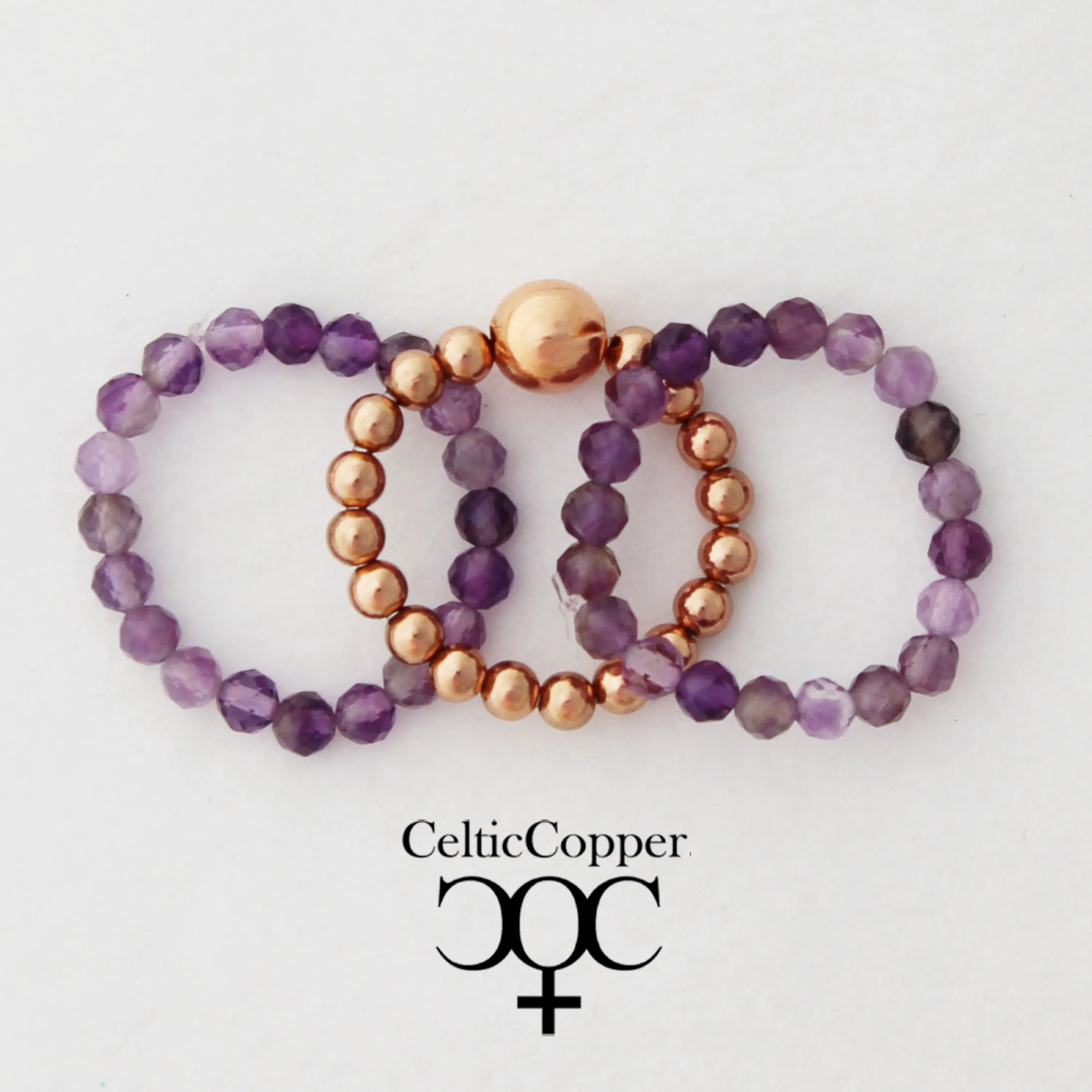 Beaded Copper Ring Set Pure Healing Copper Deep Purple Amethyst 3 Piece Beaded Elastic Ring Set