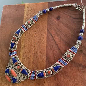 Bohemian Tibetan Vintage Handmade Coral Lapis Stone Bead Necklace #4