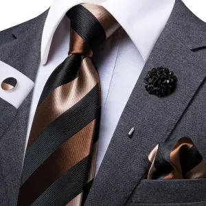 Brown Black Striped Silk Tie Pocket Square Cufflinks Set with Brooch