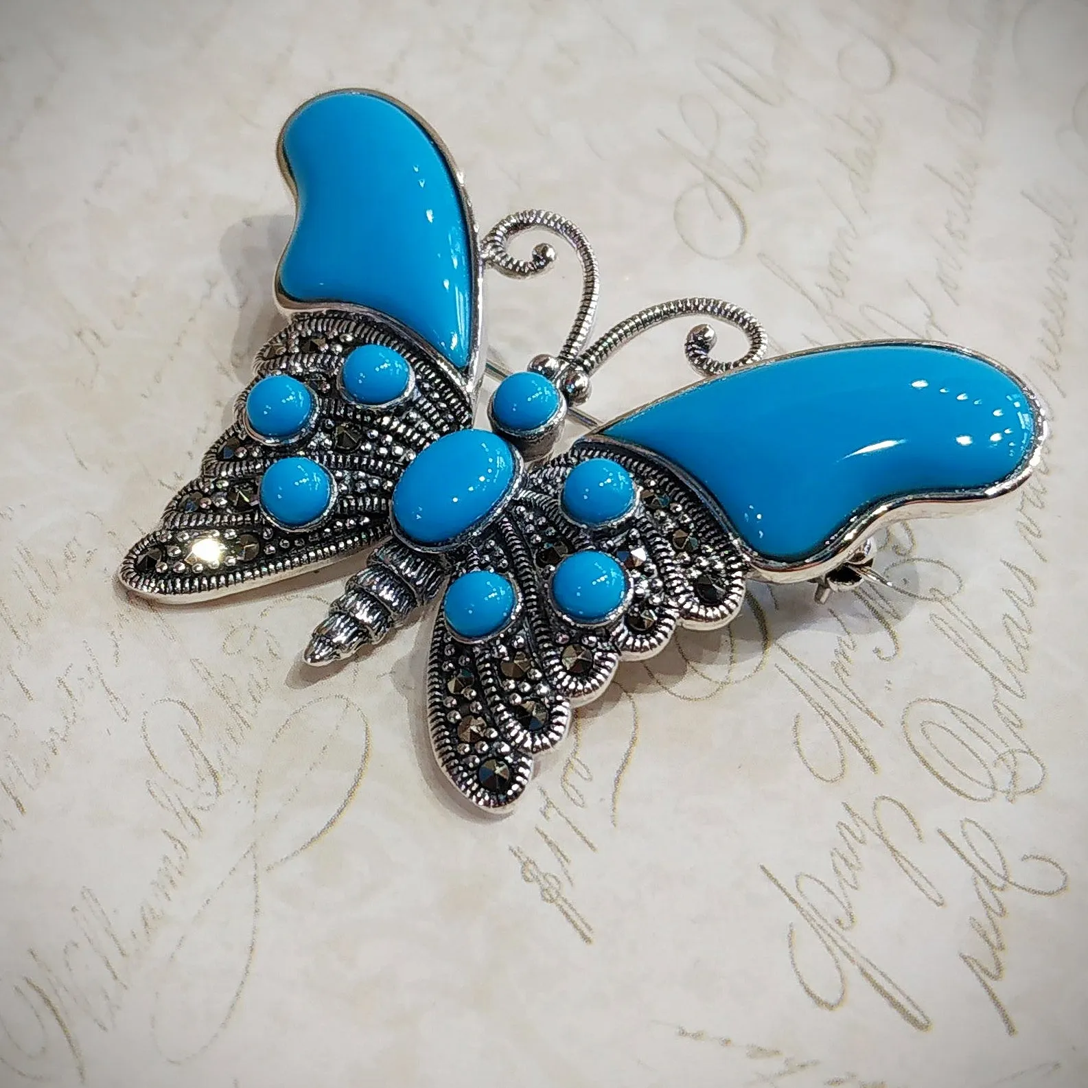 Butterfly Brooch Turquoise Silver Marcasite Pendant