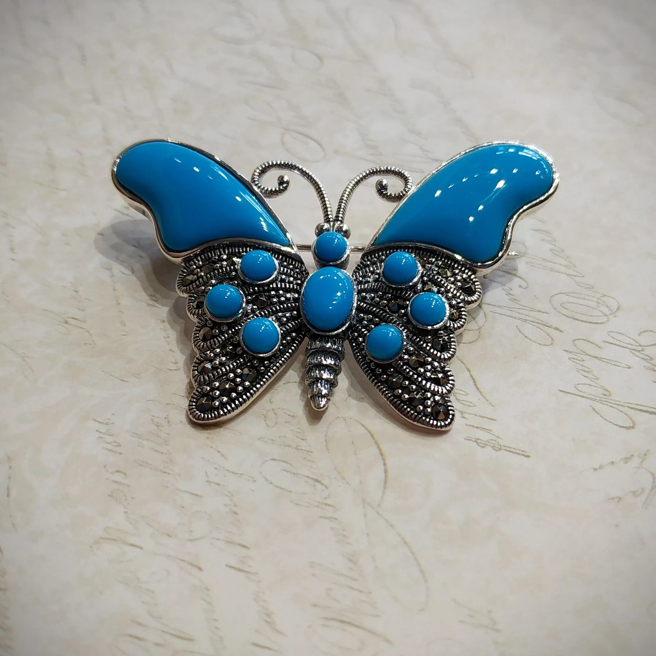 Butterfly Brooch Turquoise Silver Marcasite Pendant