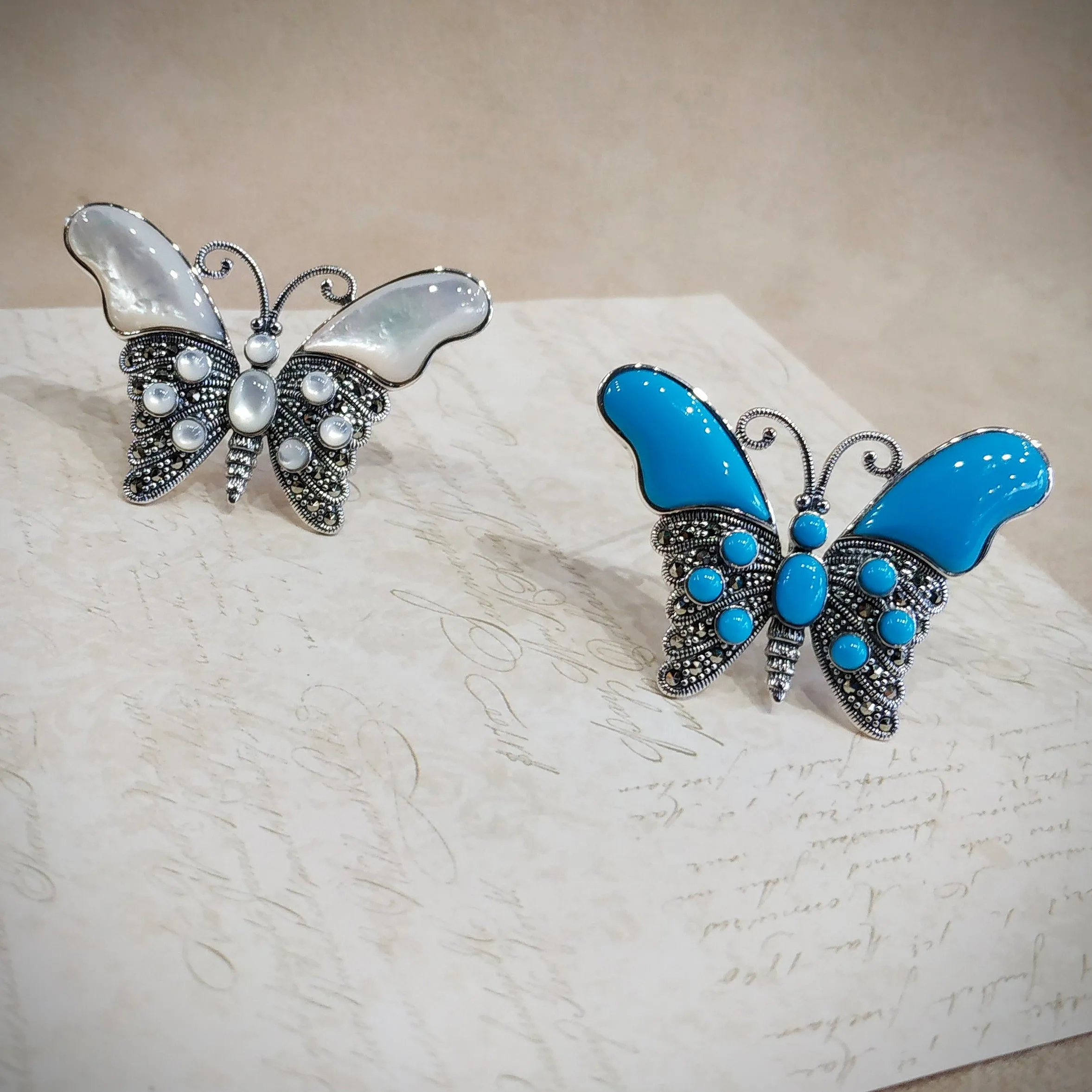 Butterfly Brooch Turquoise Silver Marcasite Pendant