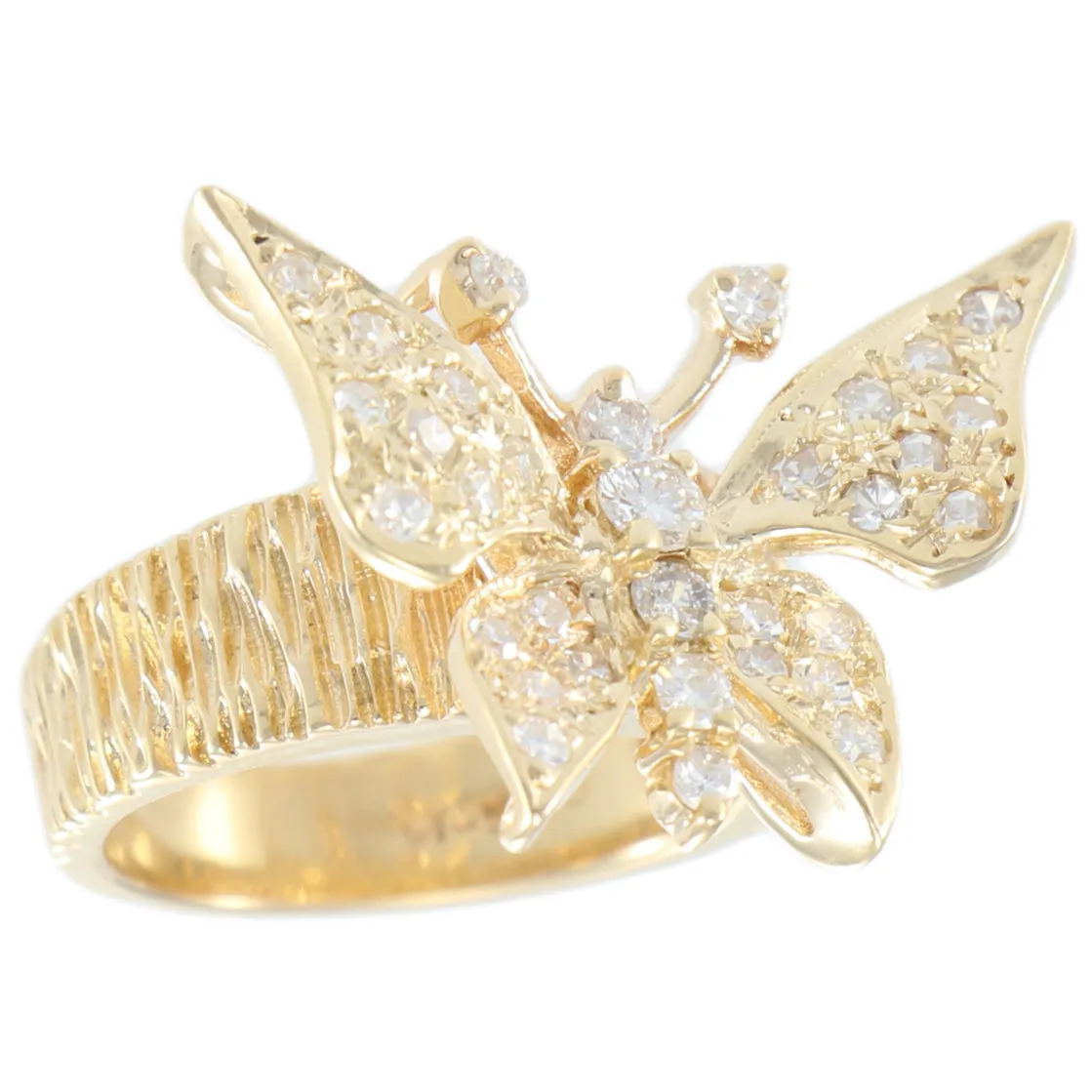 Butterfly Diamond Cocktail Ring Rare Tree Bark Finish 14k Yellow Gold Vintage