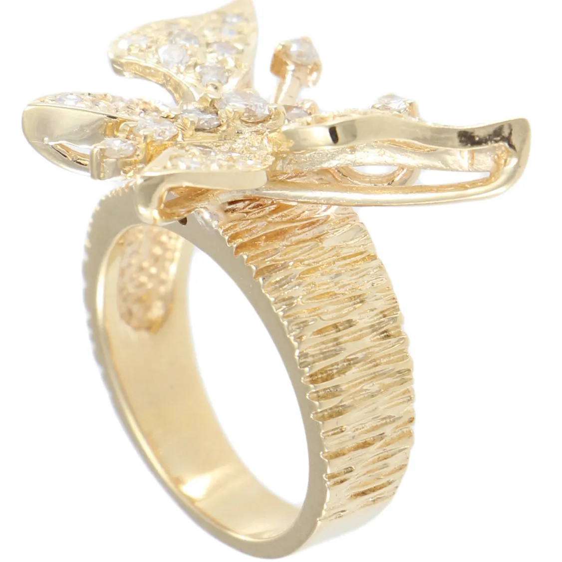 Butterfly Diamond Cocktail Ring Rare Tree Bark Finish 14k Yellow Gold Vintage