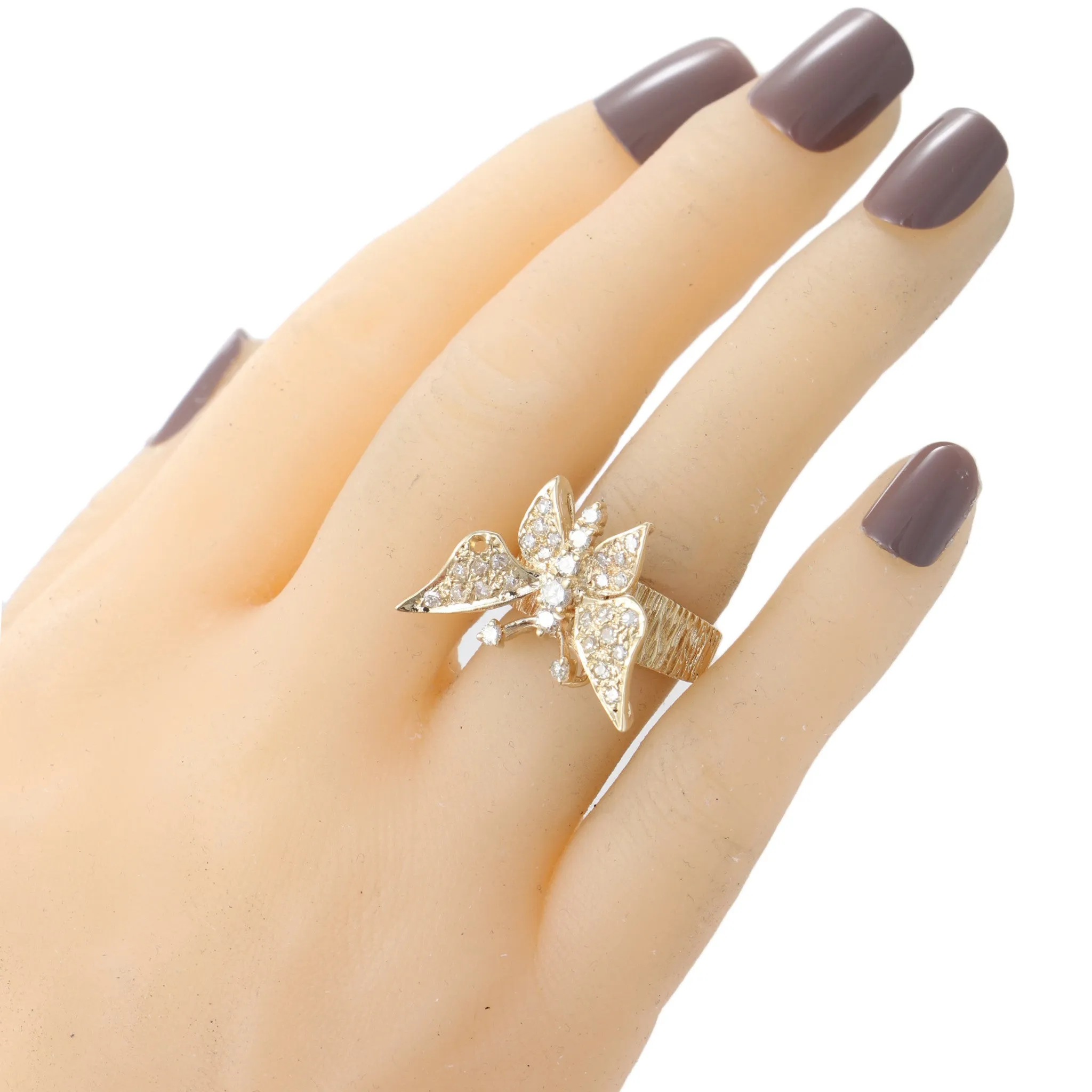 Butterfly Diamond Cocktail Ring Rare Tree Bark Finish 14k Yellow Gold Vintage