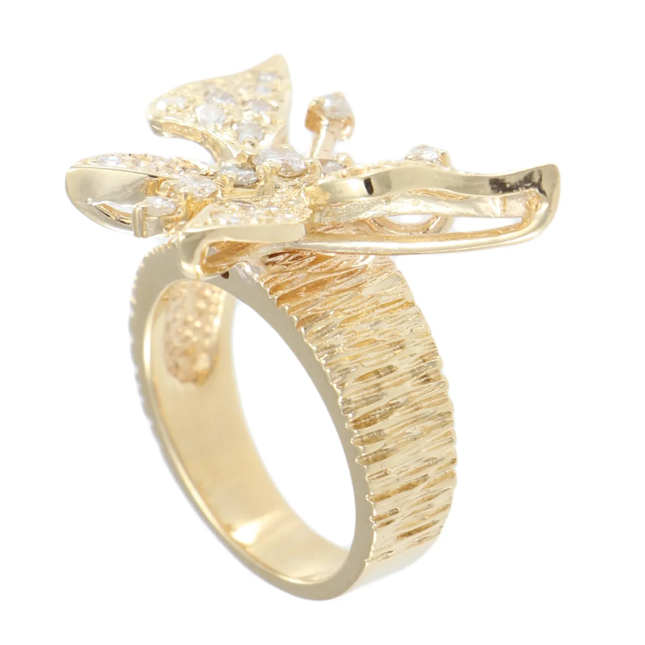 Butterfly Diamond Cocktail Ring Rare Tree Bark Finish 14k Yellow Gold Vintage