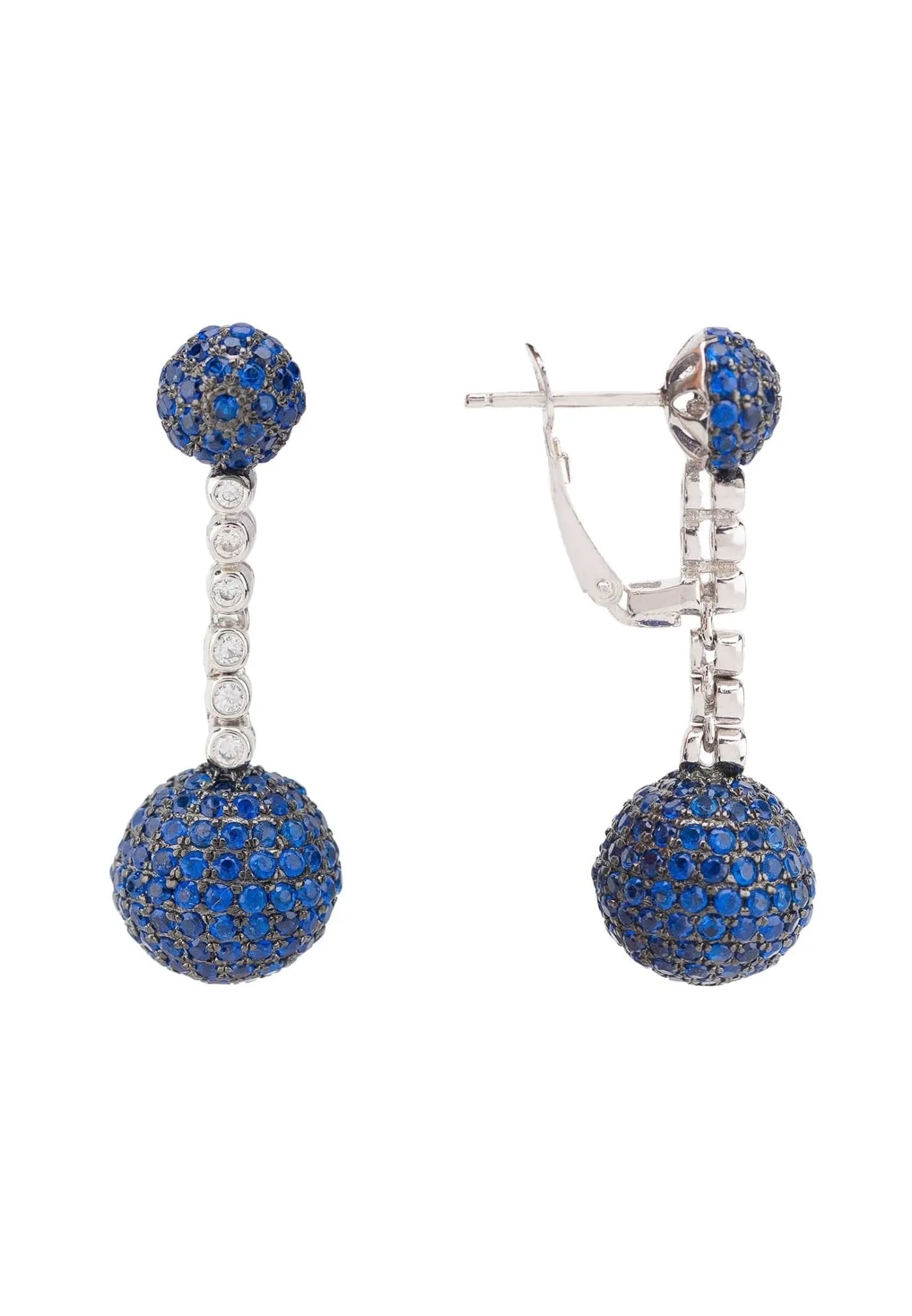 Cannes Sphere Drop Earrings Silver Sapphire Blue Cz