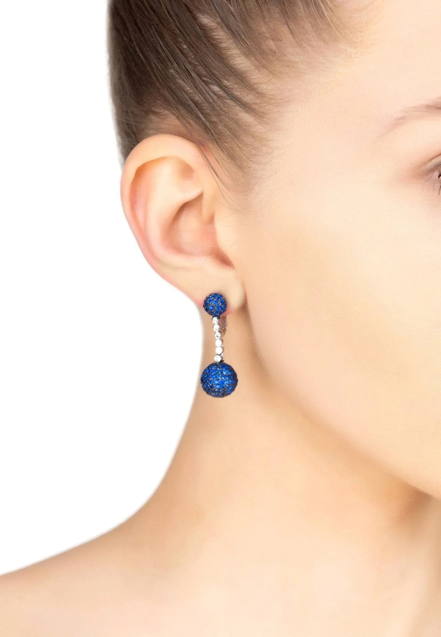 Cannes Sphere Drop Earrings Silver Sapphire Blue Cz