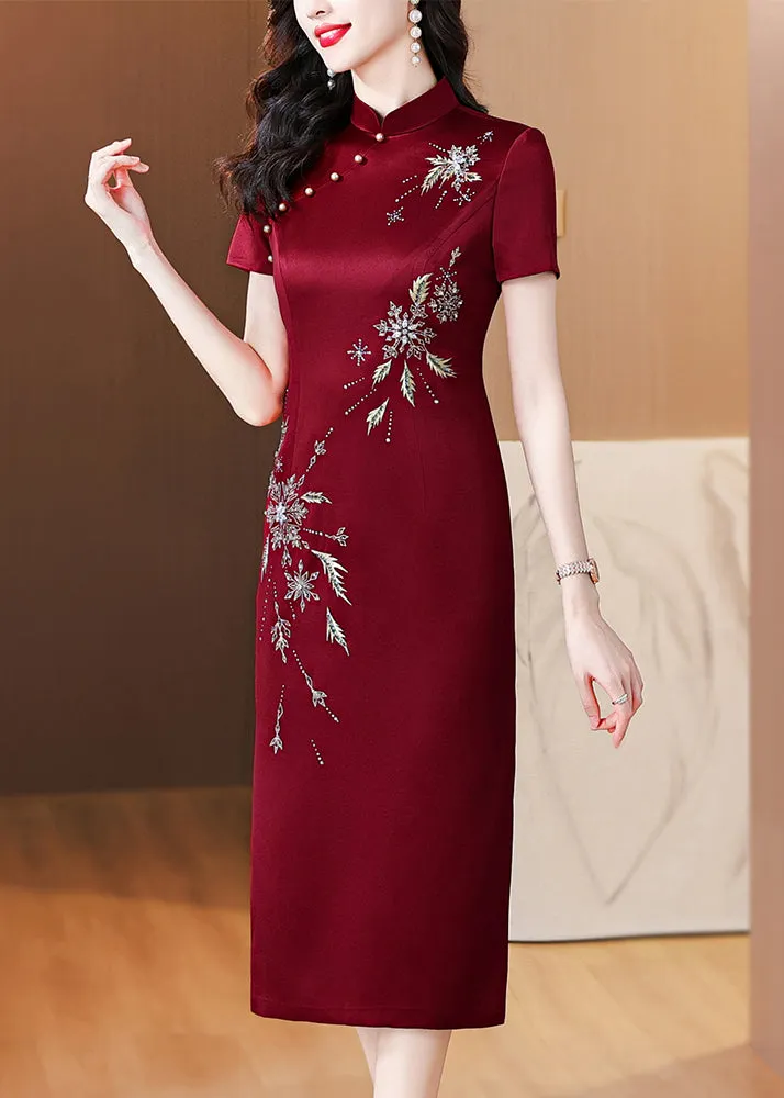 Chinese Style Wine Red Stand Collar Zircon Side Open Silk Dresses Summer BB018