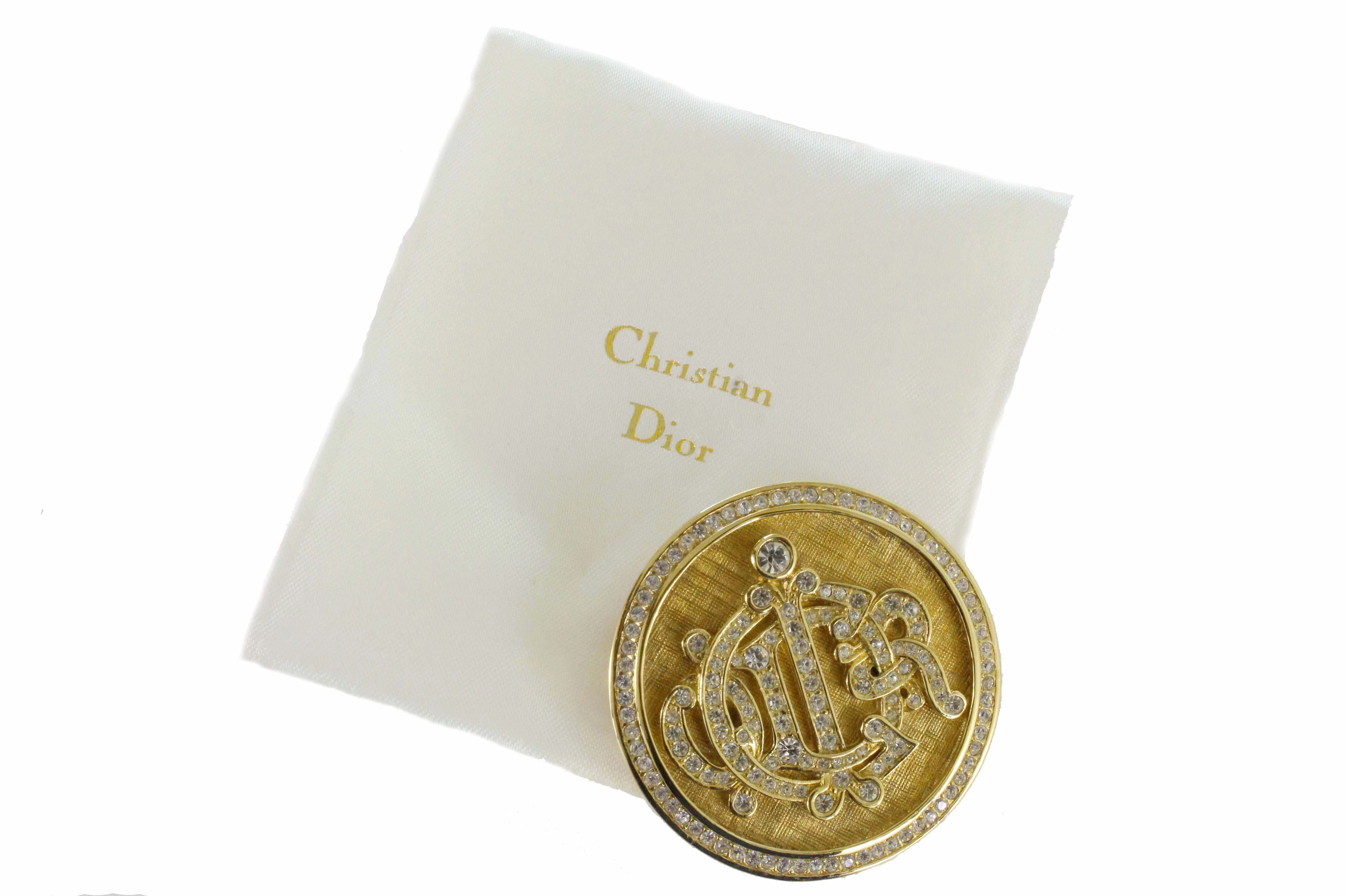 CHRISTIAN DIOR rhinestones circular Logo brooch