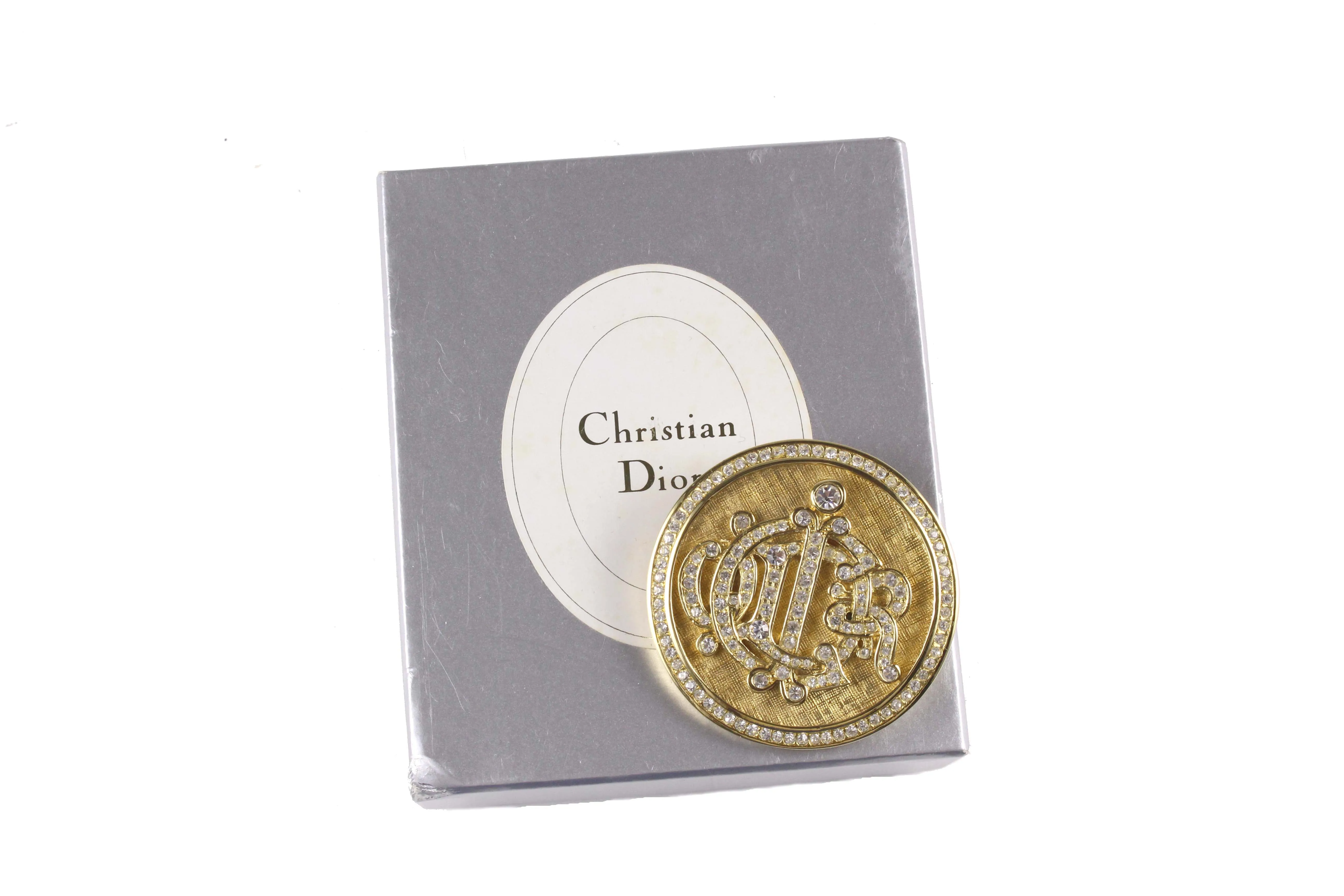 CHRISTIAN DIOR rhinestones circular Logo brooch