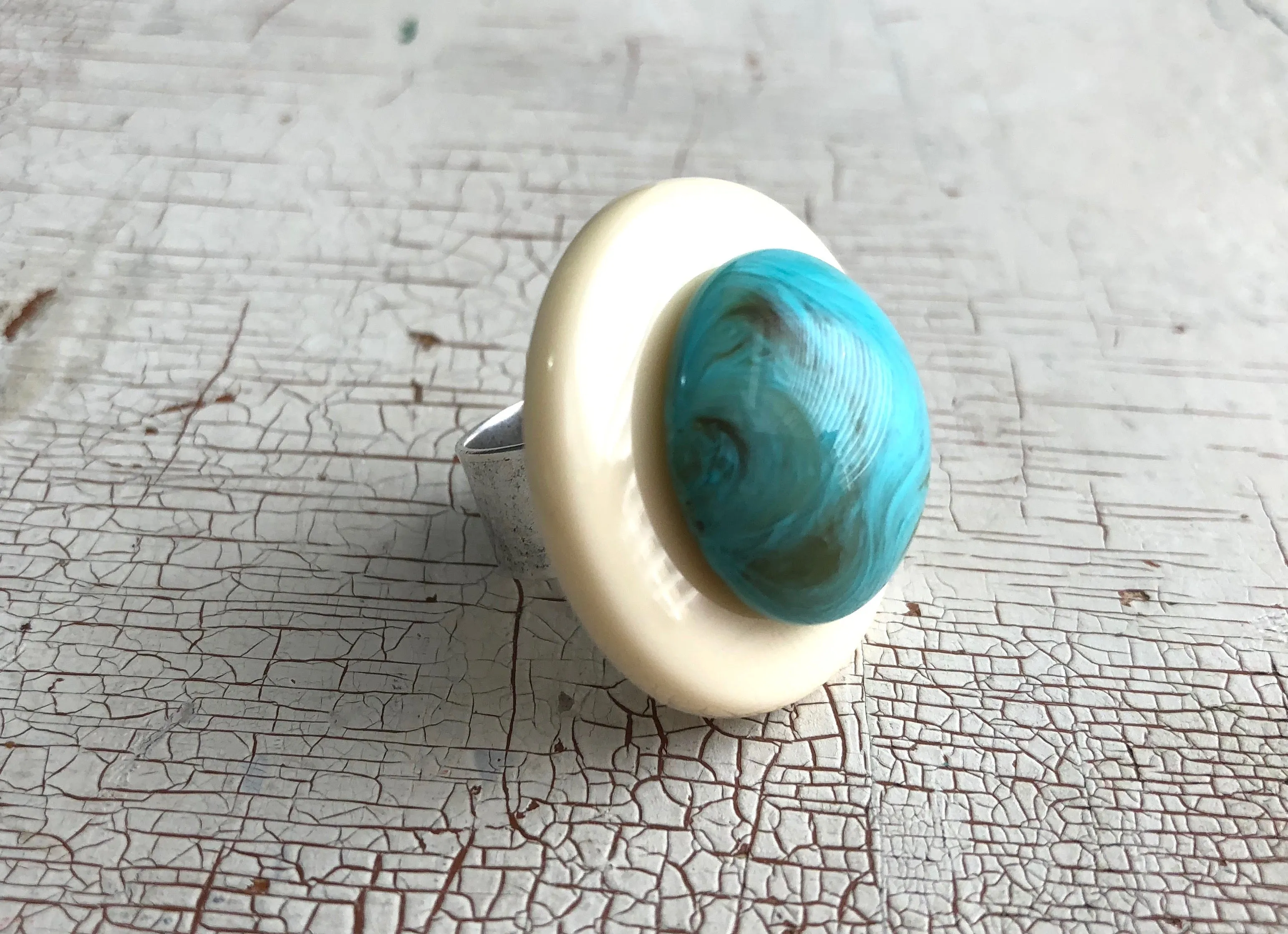 Cream & Marbled Turquoise Layered Lucite Silver Cocktail Ring