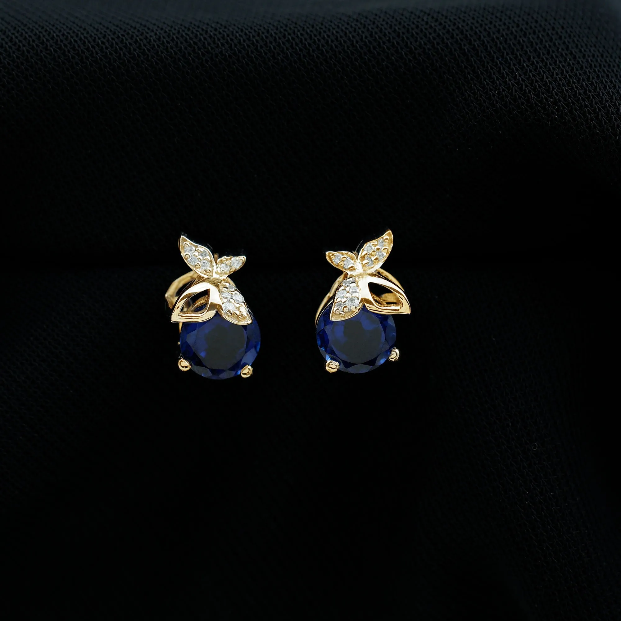 Created Blue Sapphire and Gold Moissanite Butterfly Stud Earrings