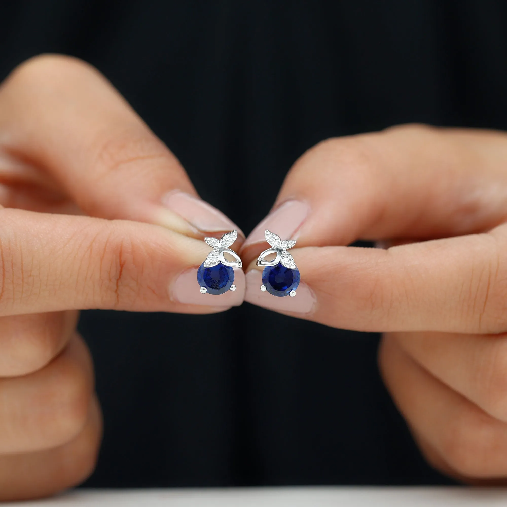 Created Blue Sapphire and Gold Moissanite Butterfly Stud Earrings