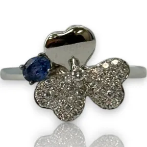 Diamond Flower Cocktail Ring with Accent Sapphire Size 7 14kt White Gold Rhodium Plated