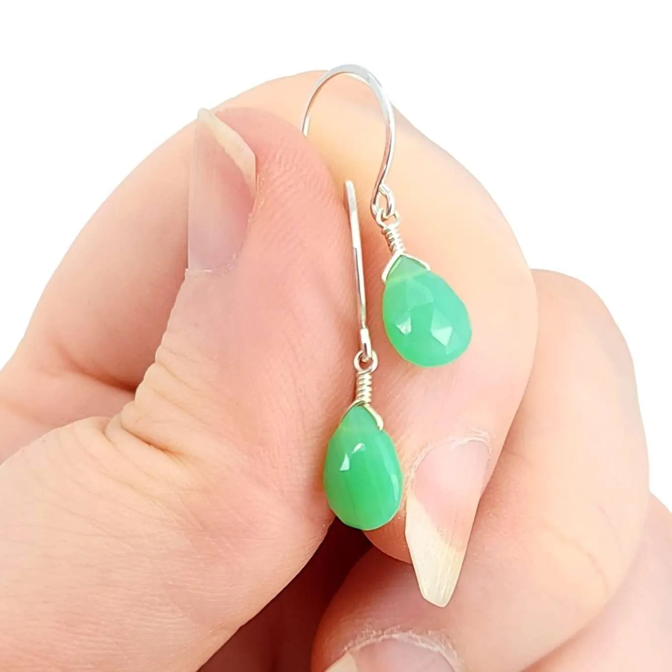 Earrings - Soft Mint Green Chrysoprase Gemstone Drops Sterling by Foamy Wader