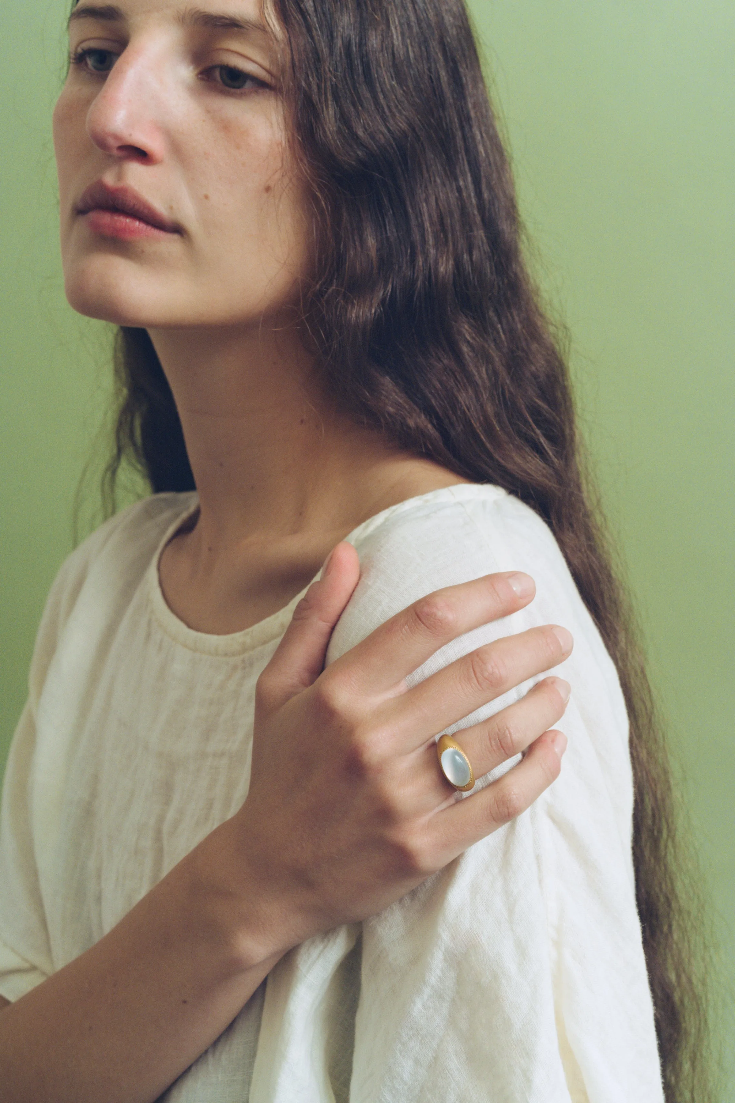 Elongated Rainbow Moonstone Gaea Roz Ring